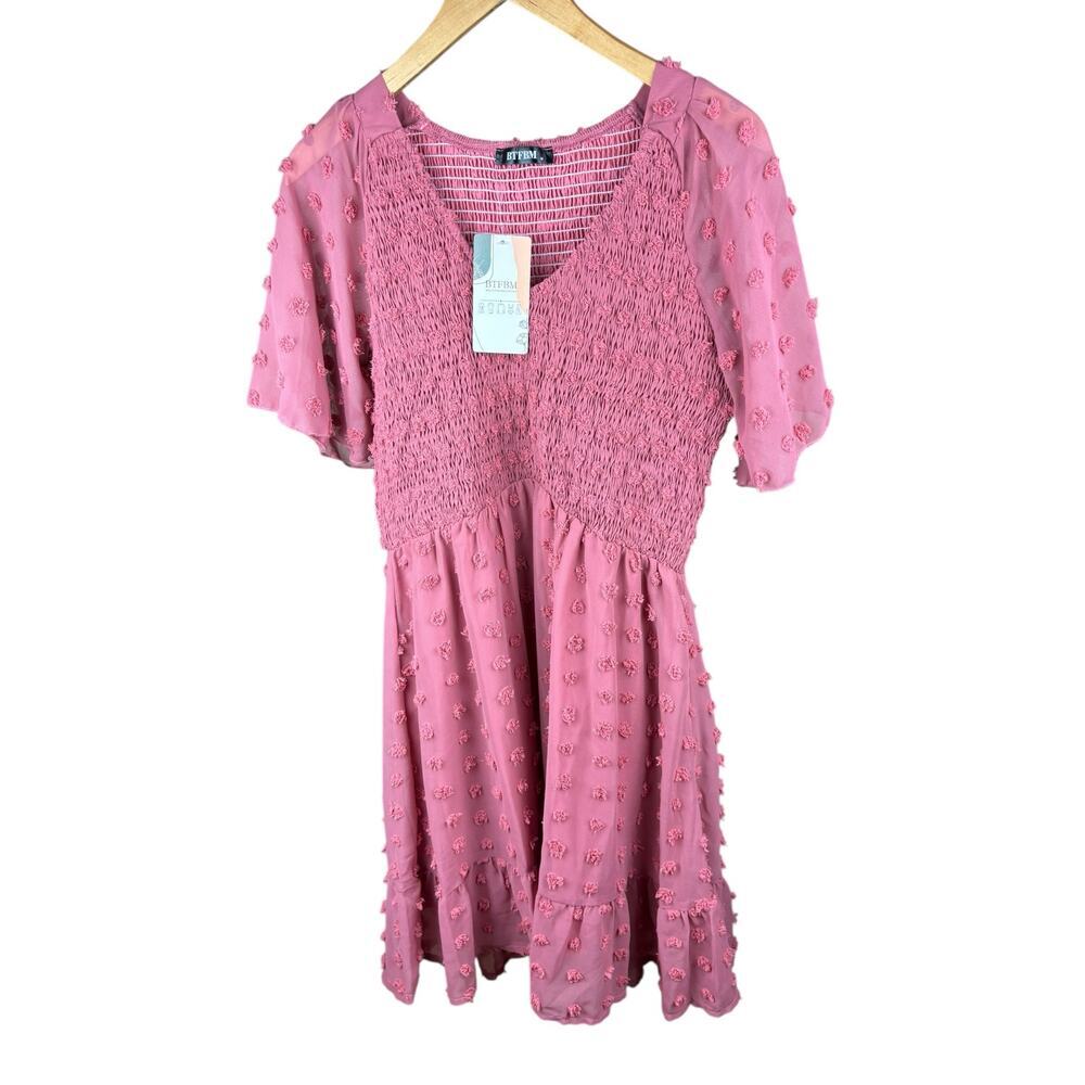 NWT BTFBM Smocked Swiss dot puff sleeve dress sz medium - Picture 2 of 4